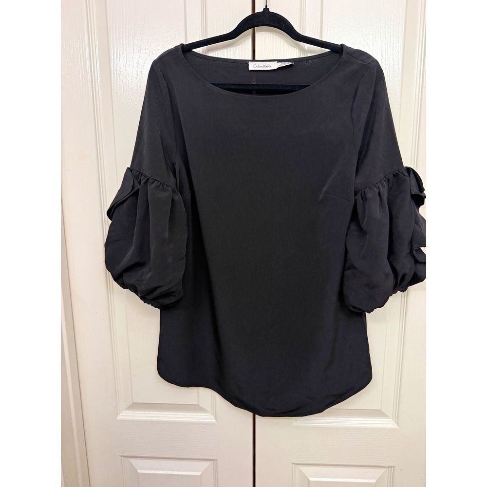 Calvin Klein Women's Black Pullover Blouse Woven Polyester Ruffle 3/4 Sleeve